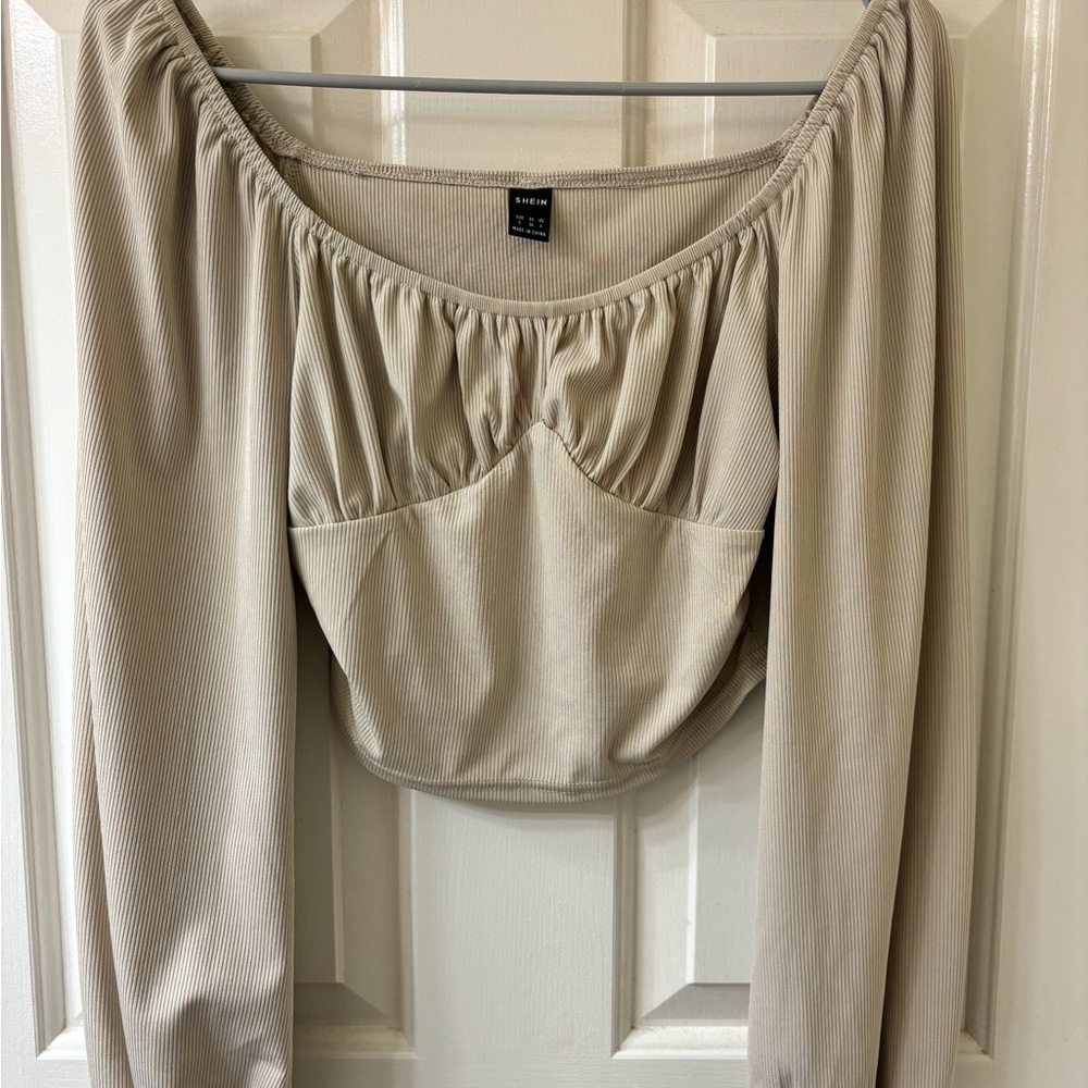 Beige Long Sleeve Off-Shoulder Top